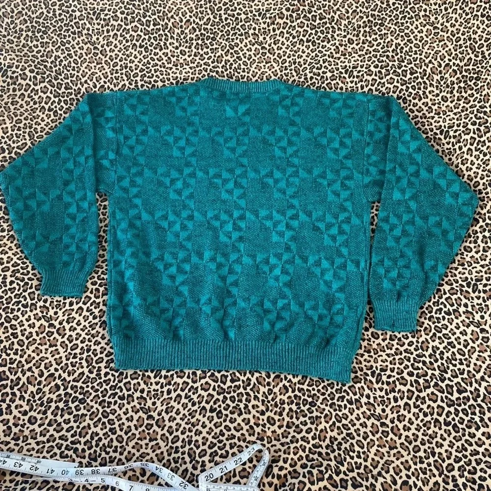 Vintage Dad Sweater Green 90s Grandpa Aesthetic Triangle Print USA Made Large - Picture 7 of 8